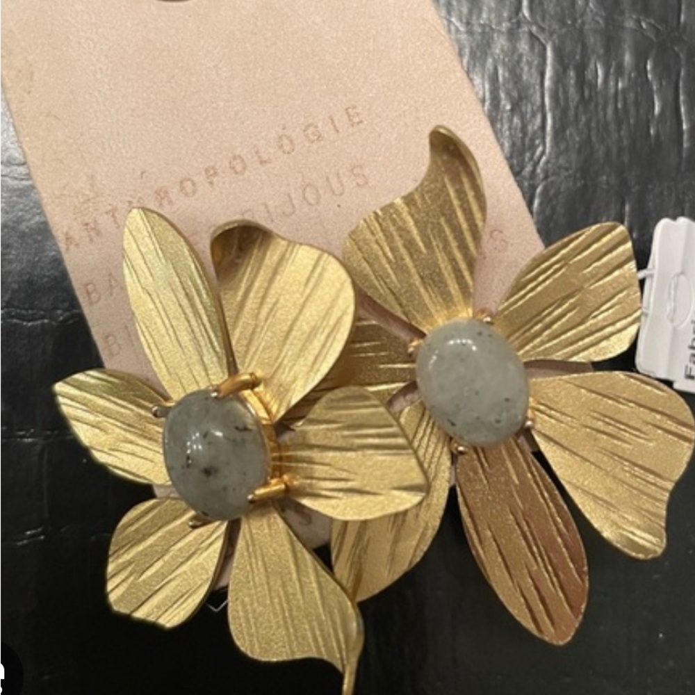 Anthropologie Gold Floral Earrings with Gray Accents